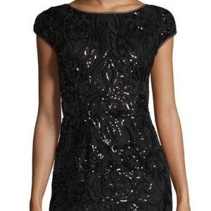 Vera Wang Cap-Sleeve Sequined Cocktail Dress Black Metallic Size 8